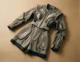 A futuristic gray and black armored jumpsuit with mesh panels and belt lies flat on a beige surface.