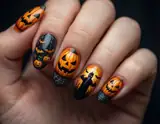 A hand displays intricately painted Halloween nails featuring jack-o'-lanterns bats ghosts and spiderwebs against black and orange backgrounds.