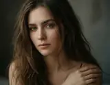 A woman with long wavy brown hair gazes softly at the camera with one hand resting gently on her shoulder against a muted gray background.