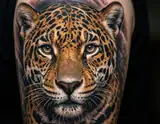 A hyperrealistic tattoo of a jaguar's face with piercing eyes and detailed rosette patterns covers a person's arm.