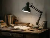 A vintage desk lamp casts warm light on an open book surrounded by old books pencils and weathered artifacts.