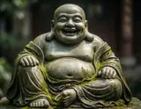 A weathered stone laughing buddha statue covered in moss sits serenely in a garden with soft natural light.