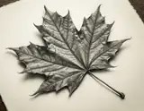 A detailed graphite drawing of a maple leaf with shaded veins on cream artist paper