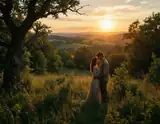 A couple embraces tenderly in a sunlit meadow at golden hour with rolling hills and a large tree framing the scene.