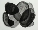Rounded overlapping charcoal shapes in black and gray on textured white paper