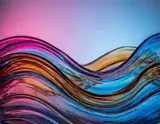 Curving translucent waves in pink, blue, amber and purple against a soft gradient background