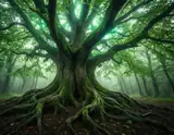 A broad ancient tree with twisting roots and a luminous green canopy in a misty woodland