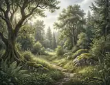 A sunlit forest path winds through mossy rocks and ferns under a canopy of ancient trees.
