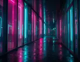 Pink and cyan neon lights reflected across the glossy floor of an empty dark corridor