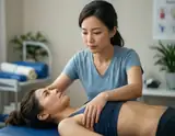 A therapist gently places her hand on a patient's shoulder while she lies on a blue treatment table in a calm clinic.