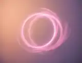Soft glowing pink rings floating against a peach and lavender gradient background