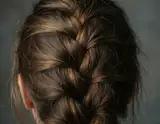 Close-up of a person's head showing a detailed heart-shaped braid in medium brown hair against a muted gray background.
