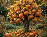 A small golden-leaved tree decorated with hanging orange pumpkins in an imagined autumn garden
