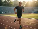 A middle-aged man runs dynamically on a red track at sunrise with stadium bleachers in soft golden light.