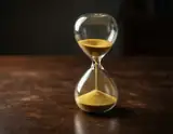 A glass hourglass filled with golden sand on a dark wooden tabletop