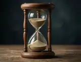 An antique wooden hourglass with amber sand rests on a rustic table against a dark backdrop.