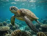 A green sea turtle glides gracefully above vibrant coral reefs under sunlit turquoise waters.
