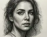 A highly detailed pencil sketch of a woman with wavy hair and intense gaze looking directly forward.