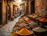 Rows of bowls filled with colorful spices lining a narrow warm-toned market alley
