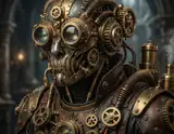 A steampunk warrior with brass gears and goggles fused into a skull mask stands in a smoky industrial chamber.