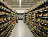 A long aisle in a well-lit grocery store filled with colorful bottles and bags of snacks on both sides.