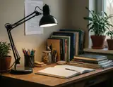 A warmly lit wooden desk features an open book a black adjustable lamp stacks of books and potted plants near a window.