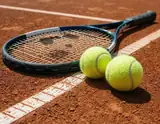 A blue tennis racket and two bright yellow balls rest on a sunlit clay court marked with crisp white lines.