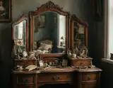 An ornate vintage wooden vanity with three mirrors reflects a dimly lit room filled with antique trinkets and framed portraits.