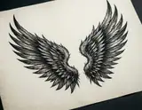An original black ink illustration of two detailed feathered wings on ivory paper