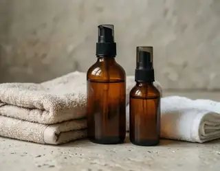 Two amber glass spray bottles sit between folded beige and white towels on a textured concrete surface.