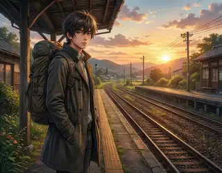 An original anime-style traveler with a backpack standing beside railway tracks at sunset
