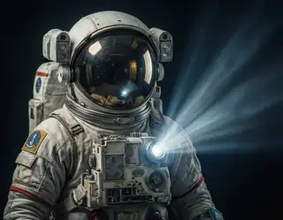 Astronaut in detailed spacesuit with helmet visor reflecting stars and a bright flashlight beam cutting through dark space.