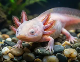 A pale pink axolotl with feathery red gills resting on smooth multicolored pebbles underwater