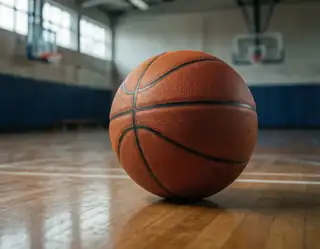 A close-up of a textured orange basketball resting on a polished wooden gym floor with blurred hoops in the background.