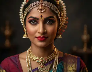A woman adorned in ornate gold jewelry and a vibrant sari gazes directly with bold red lips and intricate eye makeup.