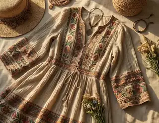 A cream bohemian dress with colorful embroidery arranged with woven accessories on pale linen