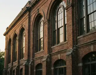 A historic red brick building with arched windows bathed in warm golden hour sunlight.