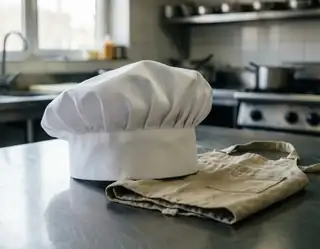 A white chef hat beside a folded apron on a stainless-steel kitchen counter