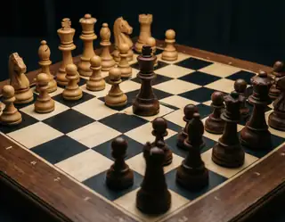 A close-up of a wooden chessboard with dark and light pieces arranged mid-game under soft lighting.