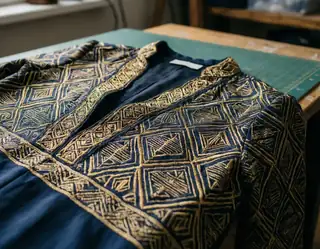 A navy blouse with intricate geometric gold embroidery laid on a cutting mat and wooden worktable