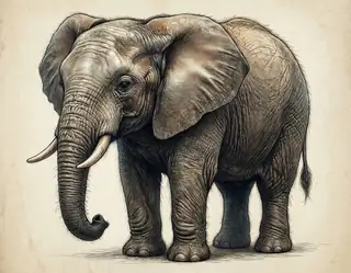 A detailed pencil sketch of a standing African elephant with large ears and curved tusks on aged paper.