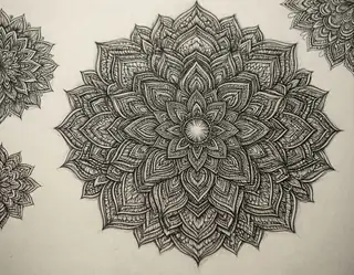 A detailed black ink mandala with intricate layered petals radiating from a central starburst on textured off-white paper.