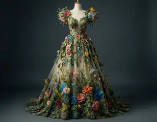 A voluminous gown adorned with three-dimensional colorful flowers and greenery displayed on a mannequin against a dark backdrop.