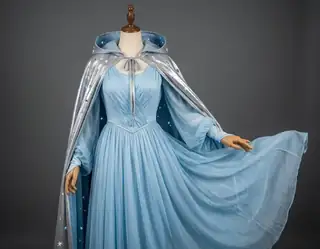A pale blue flowing fantasy gown displayed with a shiny silver cape in a gray studio