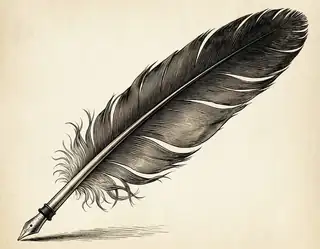 A detailed black and white illustration of a quill pen with intricate feather texture on aged cream paper.