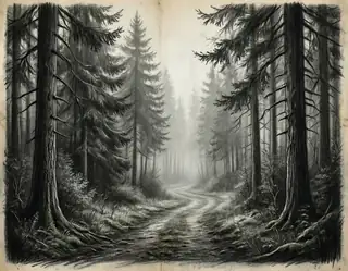 A monochrome charcoal illustration of a winding path between tall conifers fading into mist
