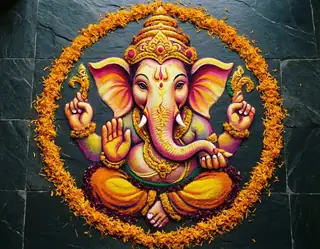 A colorful Ganesha design surrounded by orange marigolds on dark stone tiles