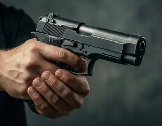 A close-up of a hand gripping a black semi-automatic pistol against a dark gray textured background.