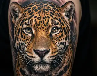 A hyperrealistic tattoo of a jaguar's face with piercing eyes and detailed rosette patterns covers a person's arm.