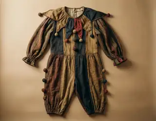A vintage patchwork clown costume with striped sleeves and colorful pom-poms hangs against a beige wall.